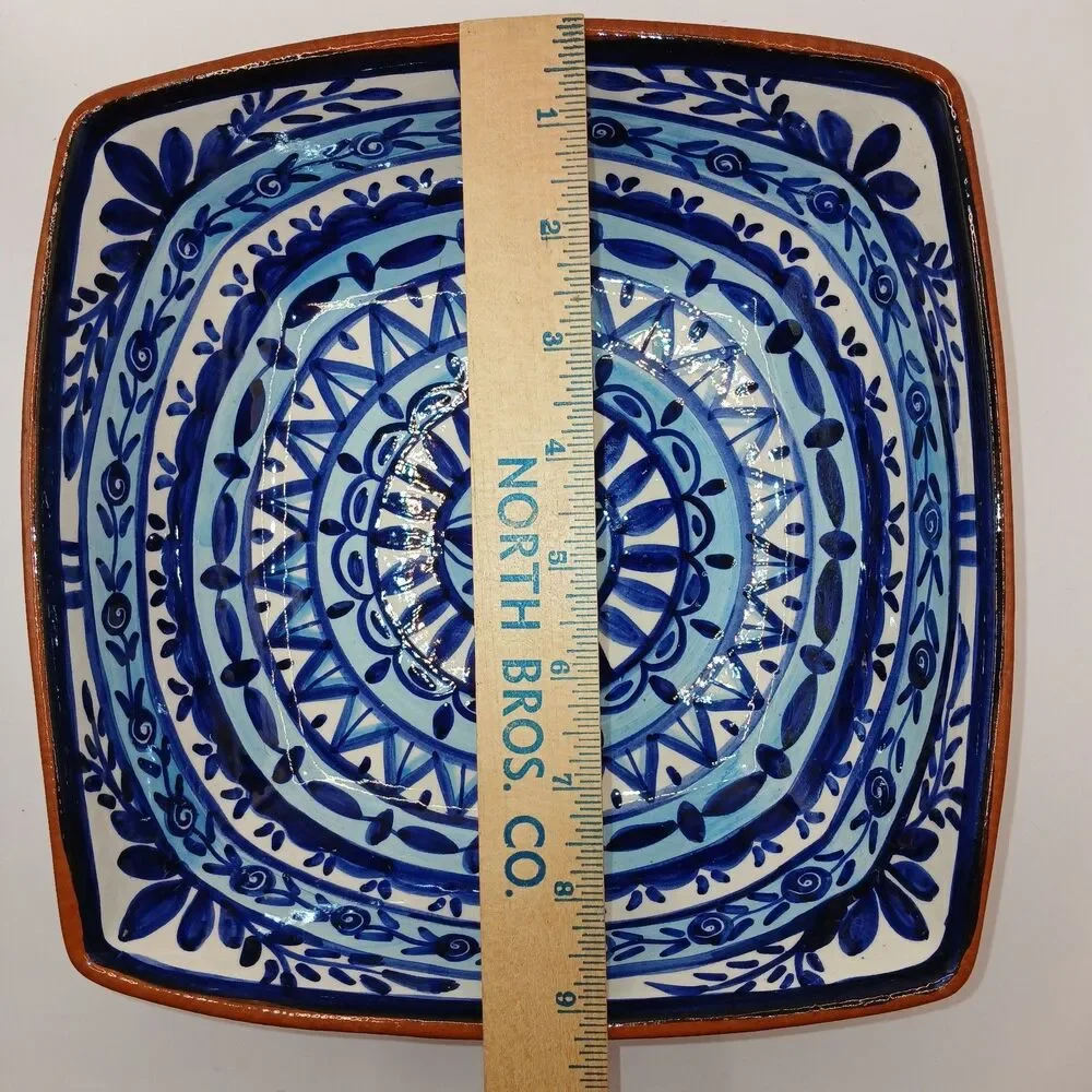 Olaria S.P Corval Bowl Hand Painted Blue & White Terracotta Mandela Pattern 9x9